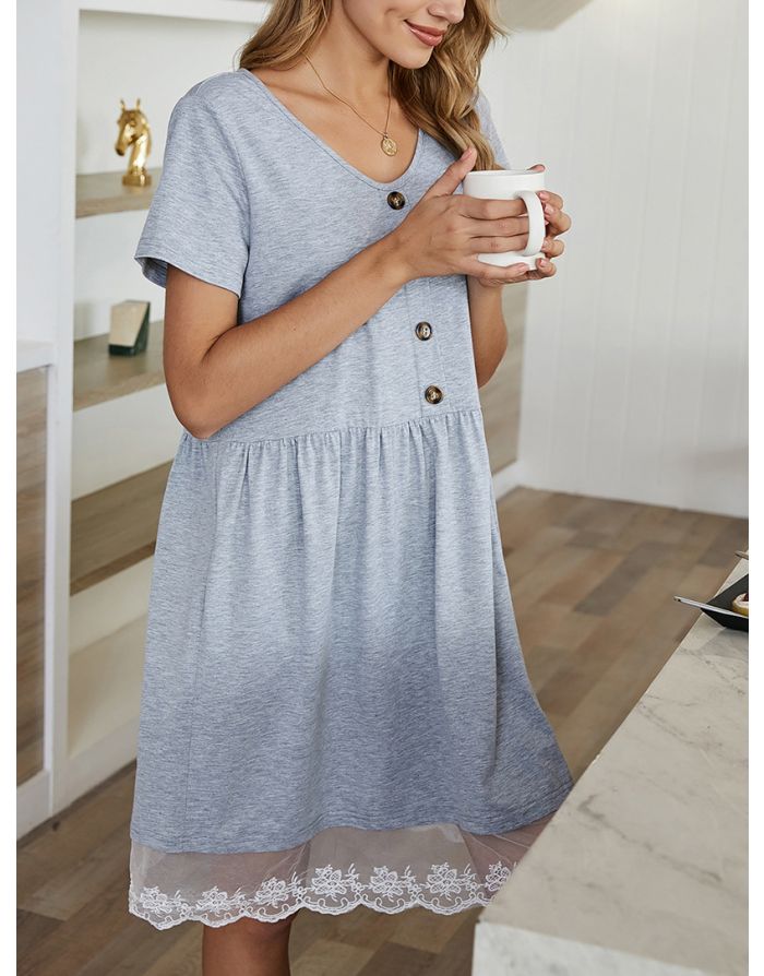 Spring Summer Women Lace Gauze Stitching V-Neck Short Sleeve Single Breasted Casual Midi Dress