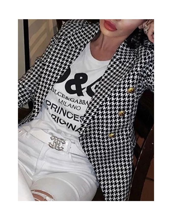 Fall Winter New Women Houndstooth Blazer Fashion Double Breasted Lapel Long Sleeve Short Coat