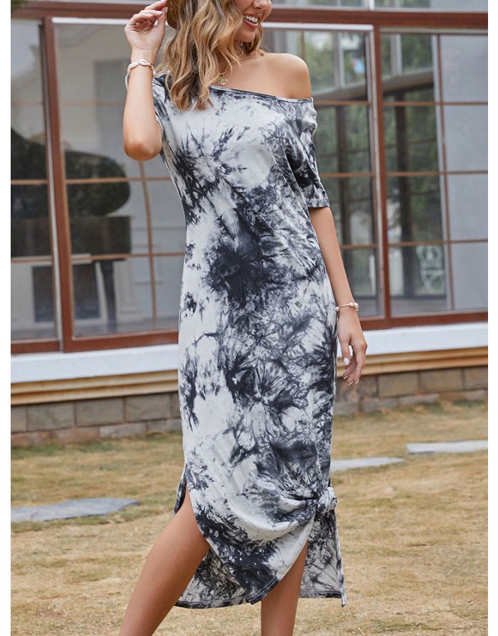 Summer Dress Off the Shoulder Short Sleeve Printed Long Split Casual Dresses